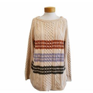 LL Bean Signature Striped Cableknit Chunky Knit Ivory Neutrals Thick Sweater L